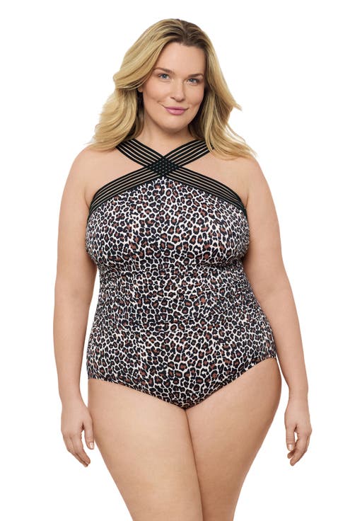 Plus Size Novelty Trim High Criss Cross Neck Full Coverage One-Piece Swimsuit