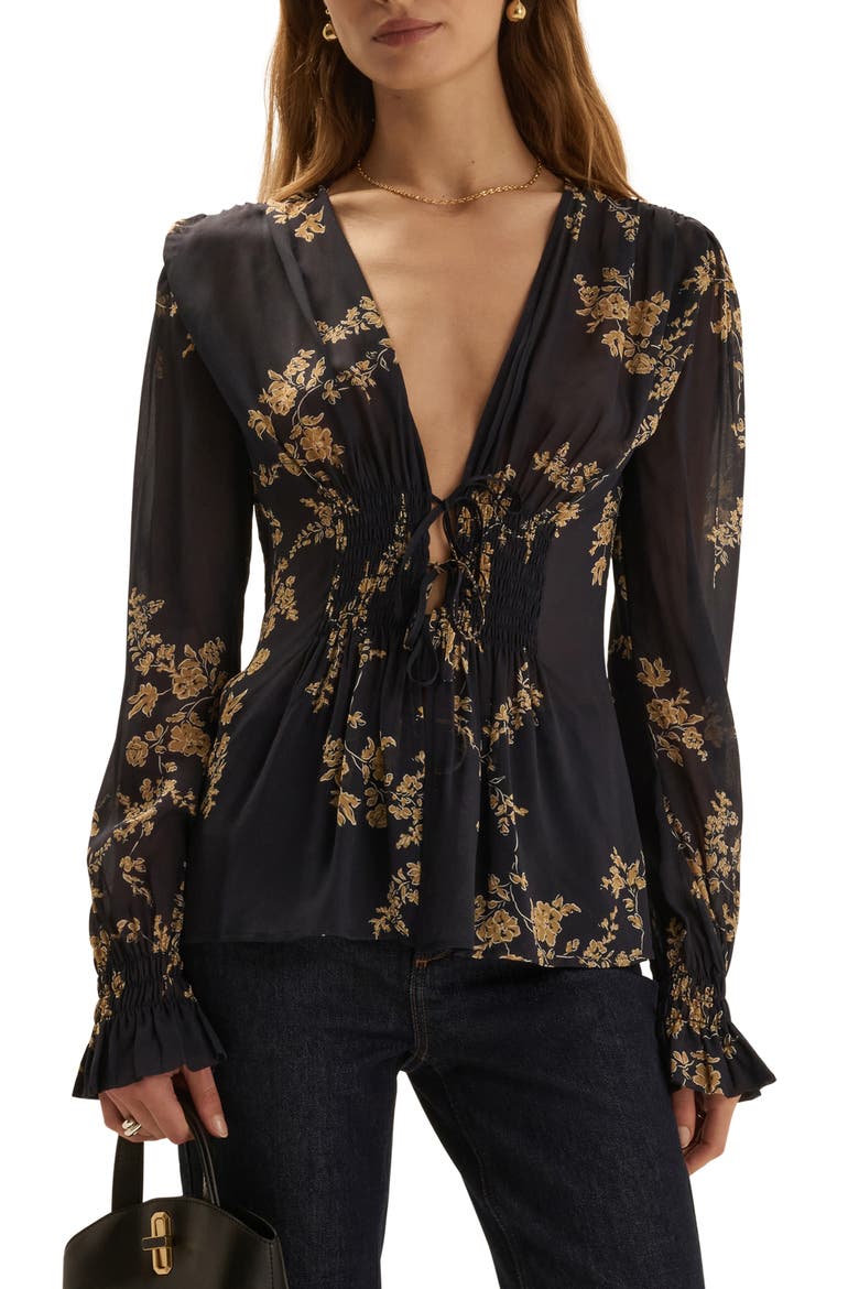 One Last Time Smocked Tie Top, Main, color, NAVY VINE FLORAL