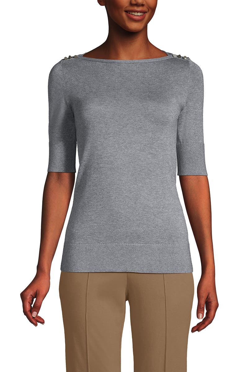 Lands' End Women Cotton Modal Button Shoulder Boatneck Sweater, Main, color, Pewter Heather
