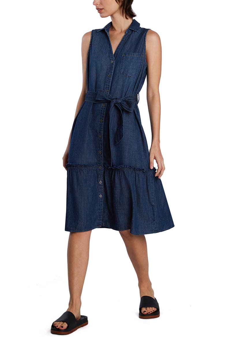 Allie Sleeveless Tiered Denim Shirtdress, Main, color, DARK WASH BLUE