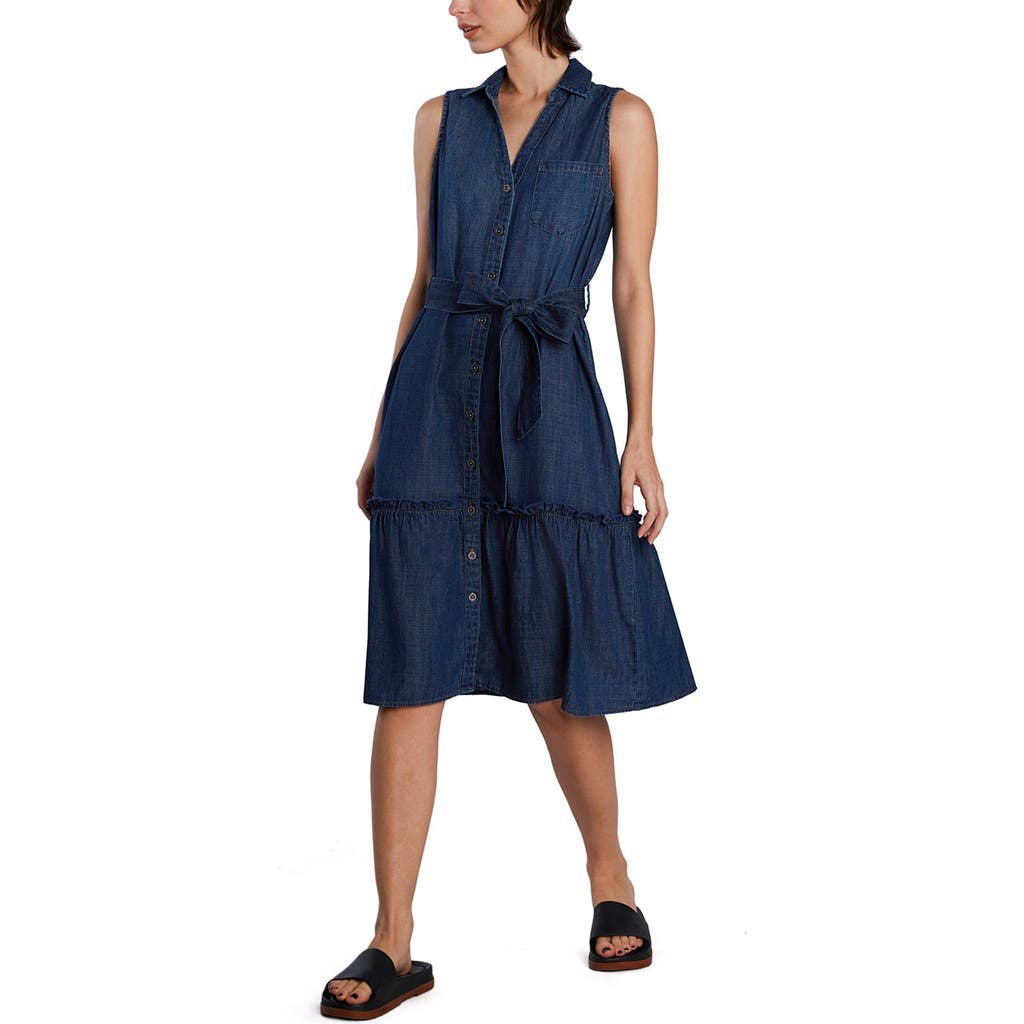 Wash Lab Denim Allie Sleeveless Tiered Denim Shirtdress In Dark Wash Blue
