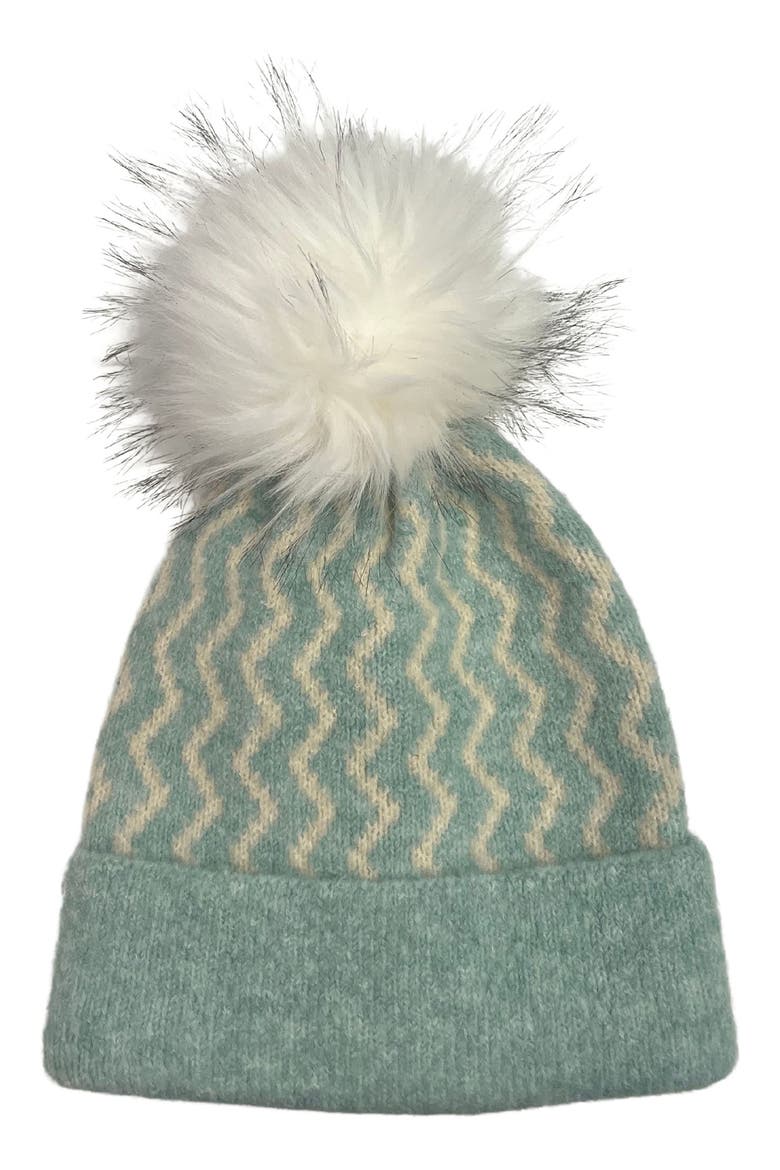 Zig Zag Faux Fur Pompom Beanie, Main, color, SEAFOAM