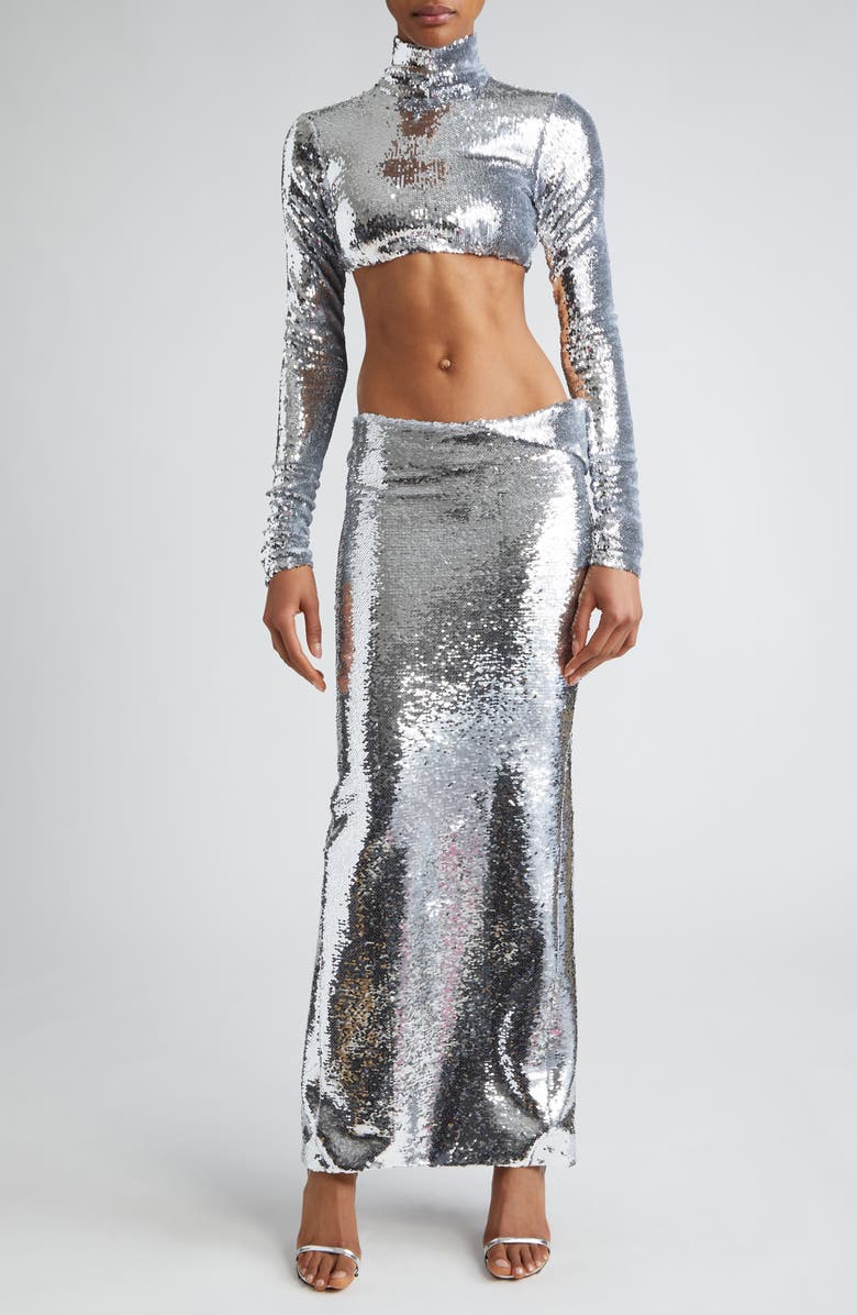 LaQuan Smith Sequin Mock Neck Crop Top, Alternate, color, Silver