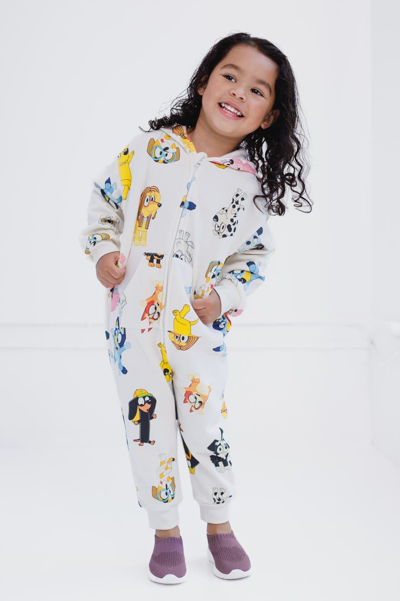 Loungewear Fleece Hooded One Piece, Alternate, color, Bluey Friends Cream