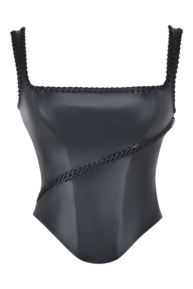 Leonie Whipstitch Faux Leather Corset Top, Alternate, color, BLACK
