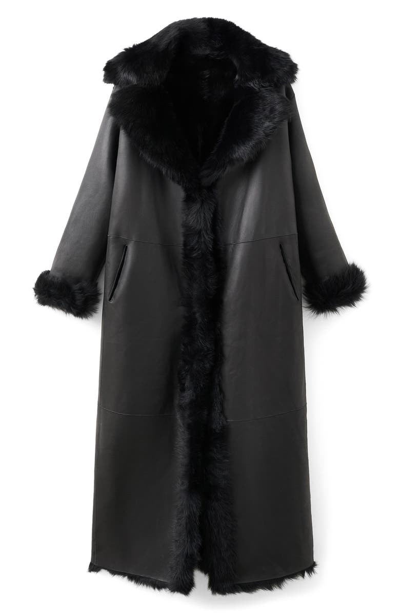 MANGO x Kaia Gerber Reversible Genuine Shearling & Leather Coat, Main, color, Black
