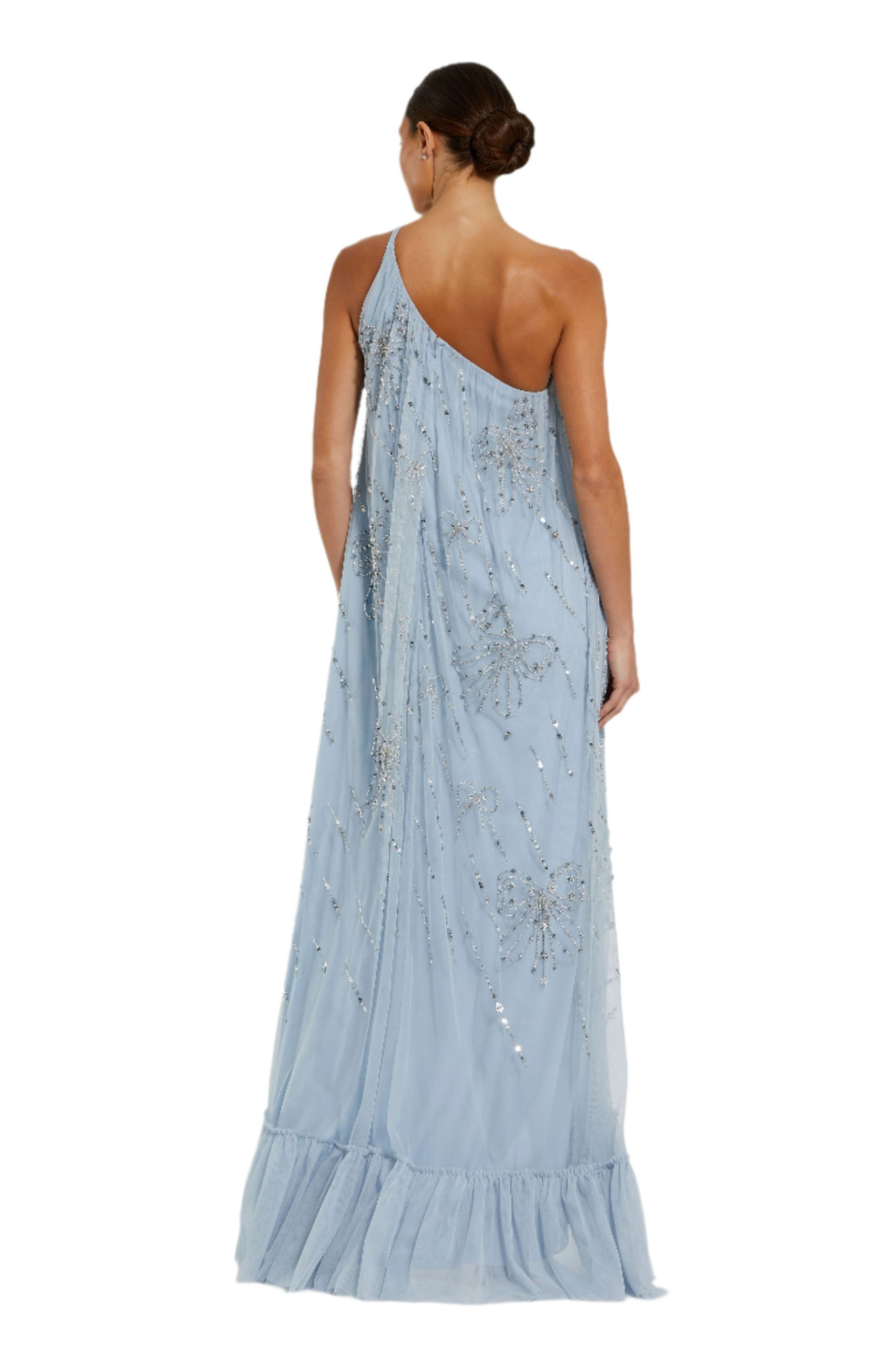 Bow Embellished Mesh One Shoulder High Low Gown - image 2