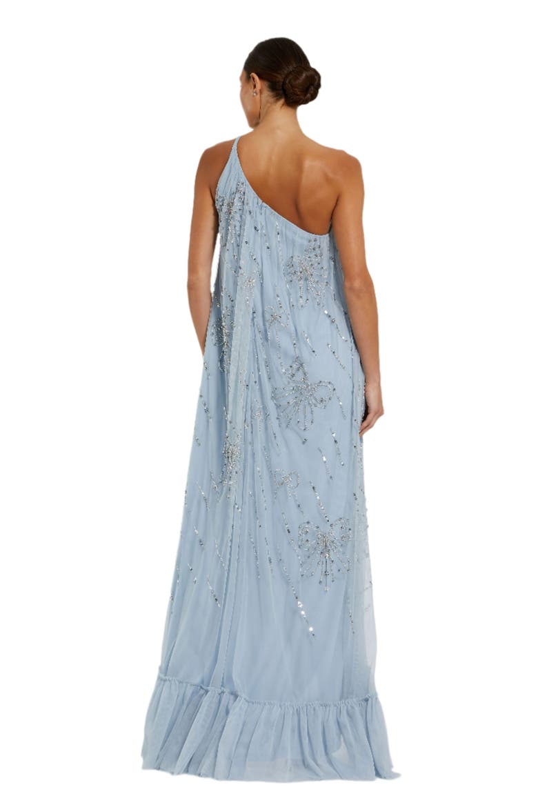 Bow Embellished Mesh One Shoulder High Low Gown, Alternate, color, Powder Blue