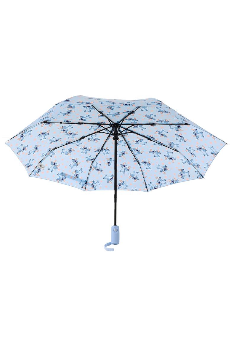 Stitch Hands Up Floral Print Compact Umbrella Officially Licensed, Alternate, color, BLUE