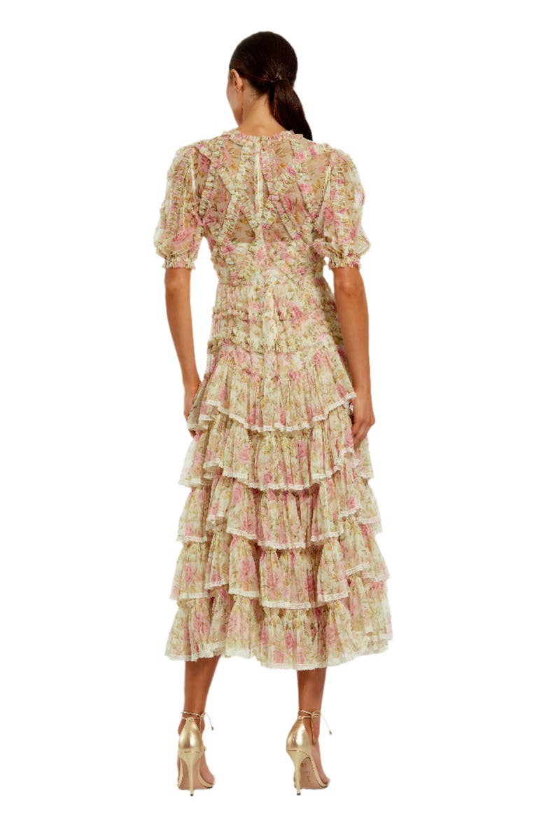 Elegant High Neck Midi Dress in Printed Mesh with Lace Accents, Alternate, color, Ivory Multi