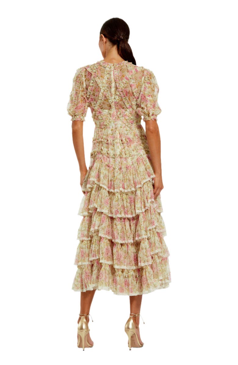 Mac Duggal Elegant High Neck Midi Dress in Printed Mesh with Lace Accents, Alternate, color, Ivory Multi