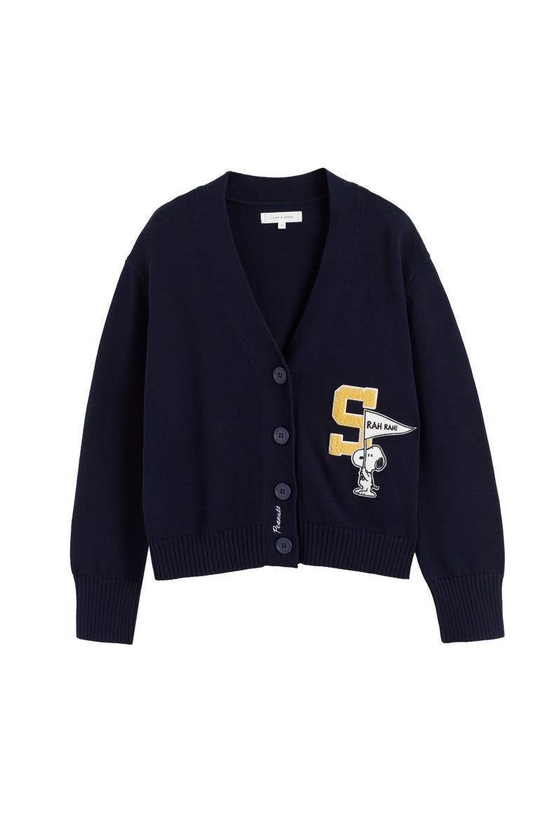 Snoopy Varsity Cotton Cardigan Sweater, Alternate, color, Navy