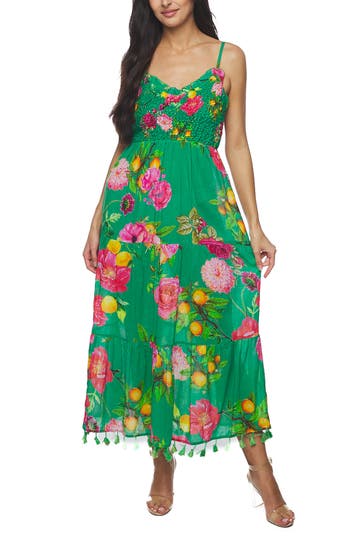 Ranee's Ranees Floral Print Cotton Cover-up Maxi Dress In Green
