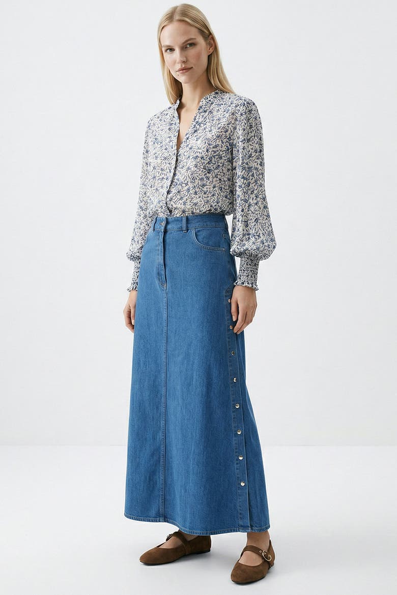 Blaize High Waist A Line Midi Denim Skirt, Alternate, color, Indigo