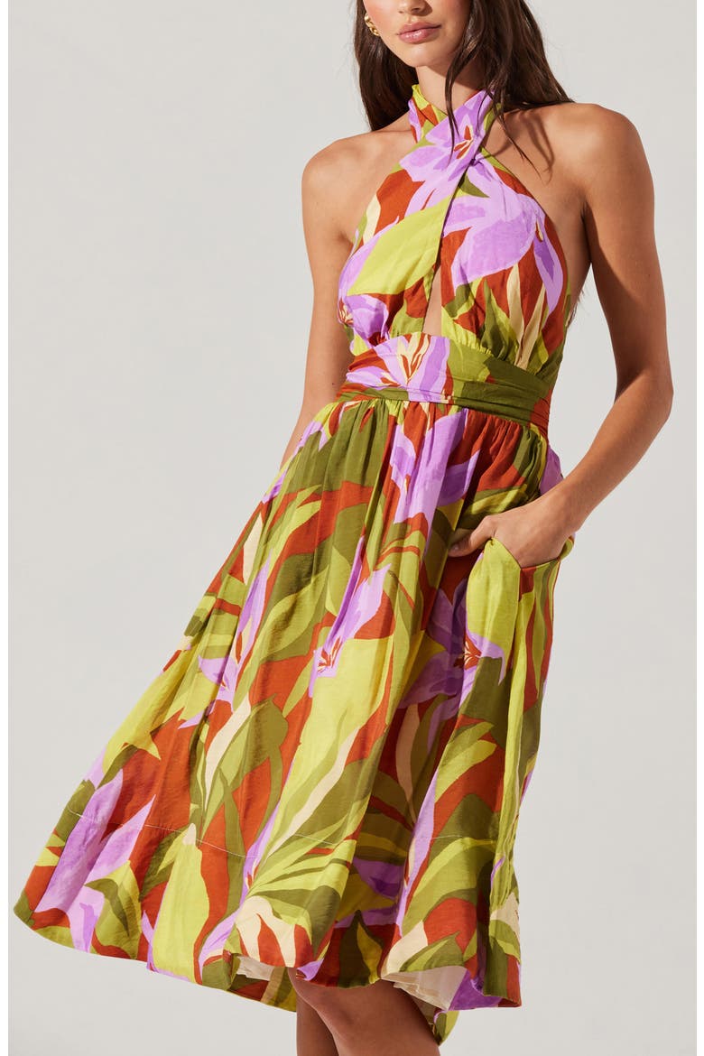 Kalia Floral Halter Neck Dress, Alternate, color, GREEN RUST FLORAL