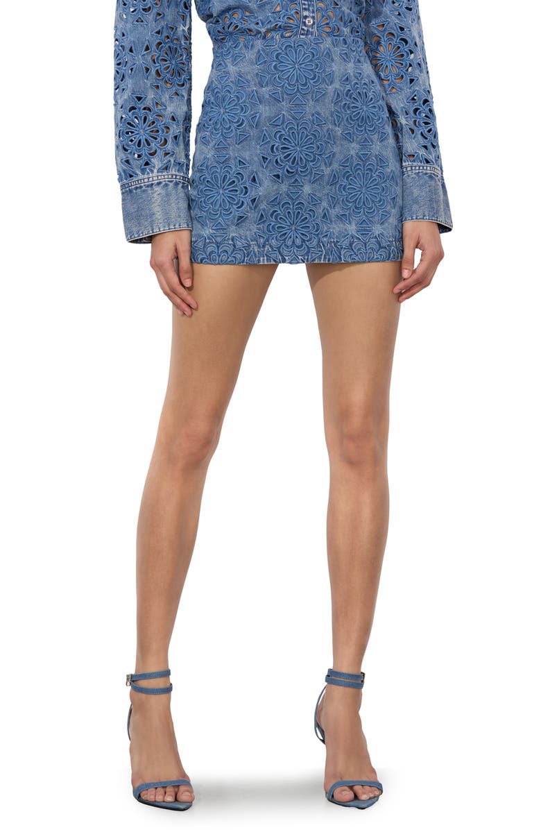 Alice + Olivia Rubi Denim Miniskirt, Main, color, Avery Blue