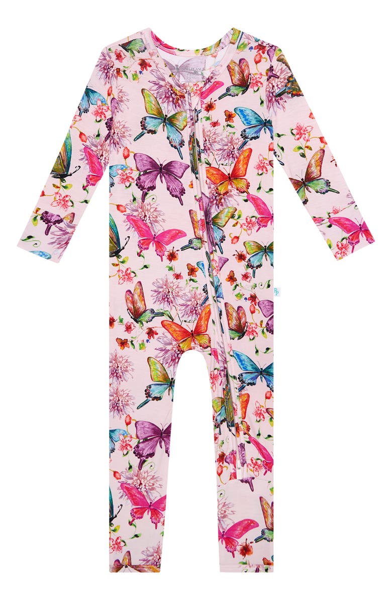 Posh Peanut Watercolor Butterfly Fitted Convertible Footie Pajamas, Alternate, color, Open Pink