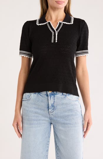 Tipped Pointelle Polo Sweater