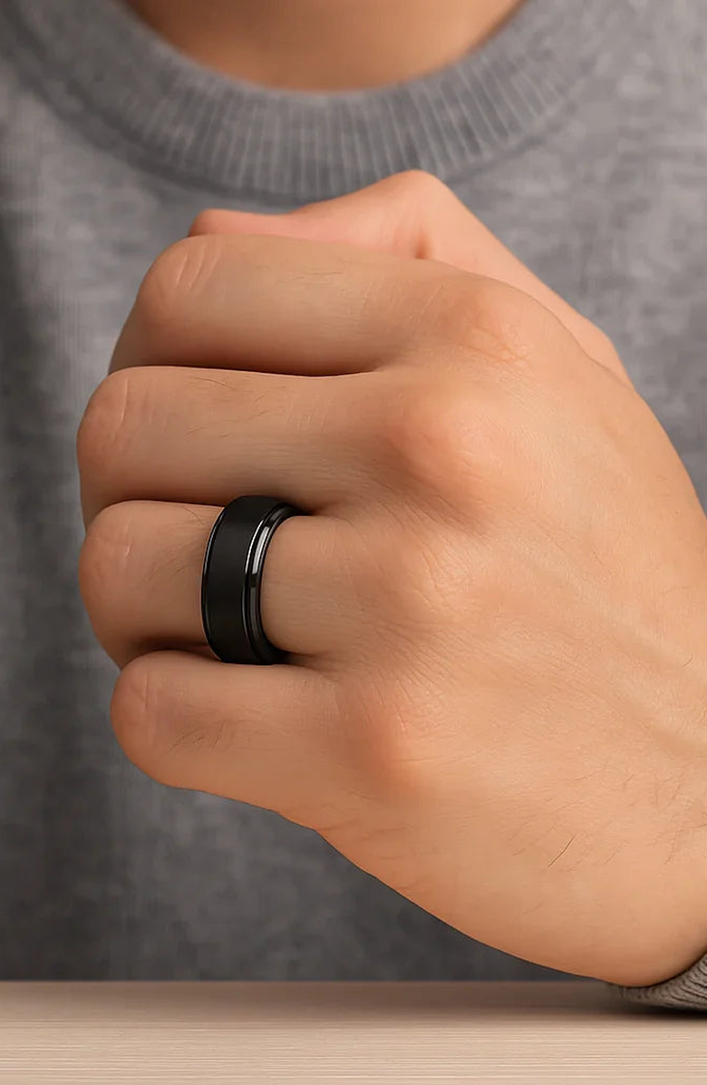 Larson Jewelers Revolve Tungsten Spinner Ring Brushed Center on Polished Base Comfort Fit, Alternate, color, Black Tungsten 6Mm