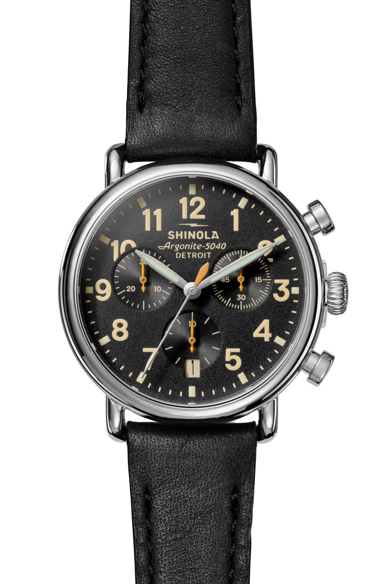 Runwell Chronograph Leather Strap Watch, 37mm, Main, color, BLACK