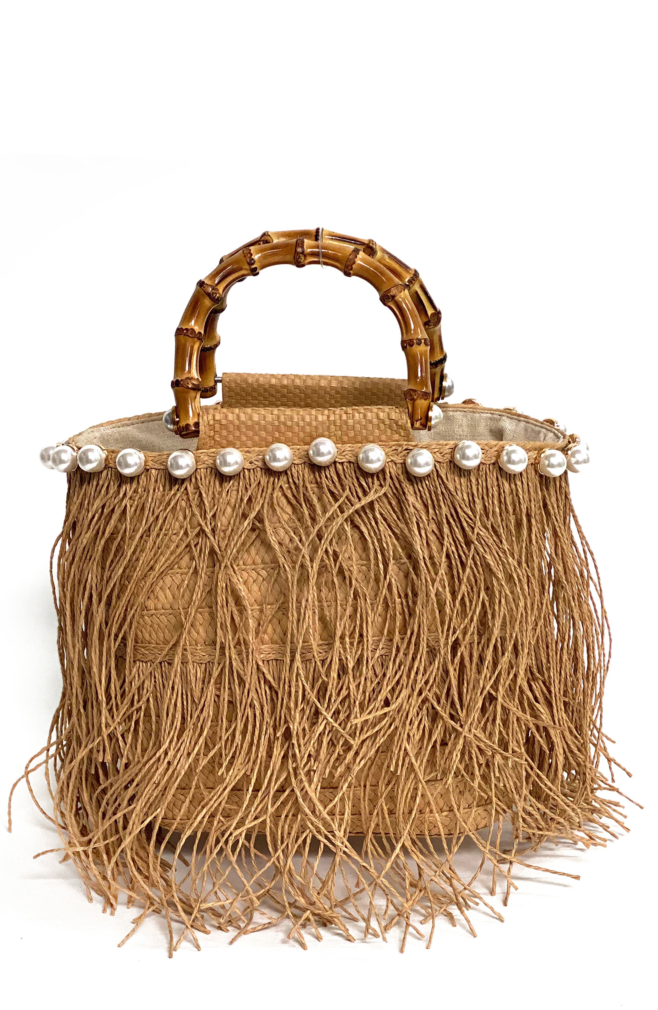 Kiki Fringe Straw Clutch, Main, color, SAND