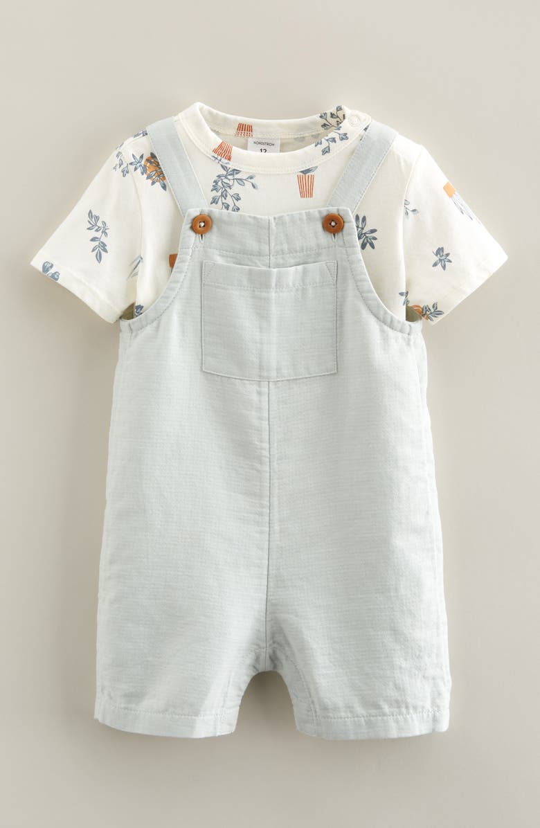 Nordstrom Cotton Bodysuit & Shortalls Set, Main, color, Ivory Egret Plants- Green