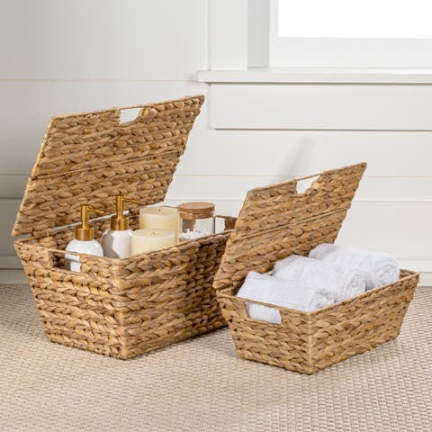 Wilder Classic Farmhouse Woven Hyacinth Rectangular Storage Baskets with Lids and Handles