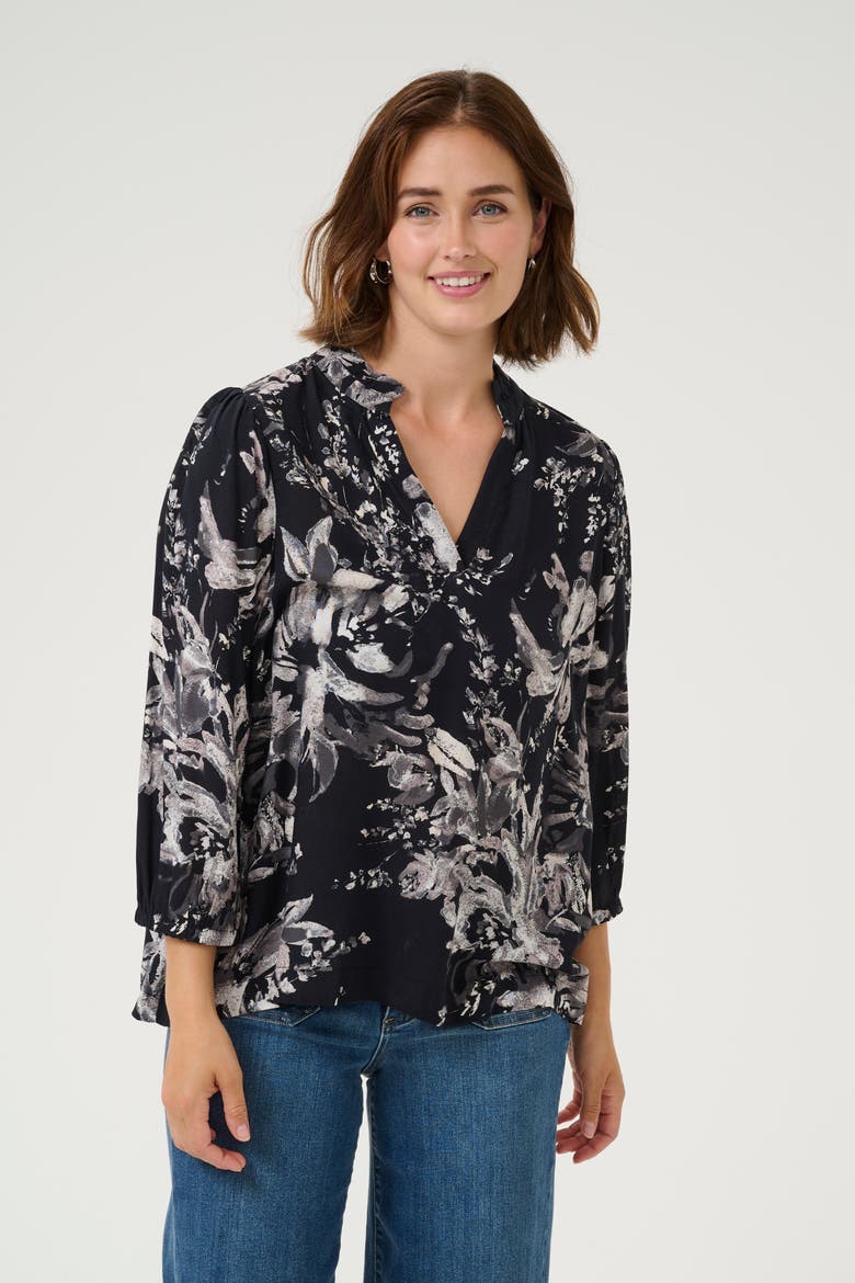 KAisa 3/4 Sleeves A-line Fit Blouse, Main, color, Black/White Flower