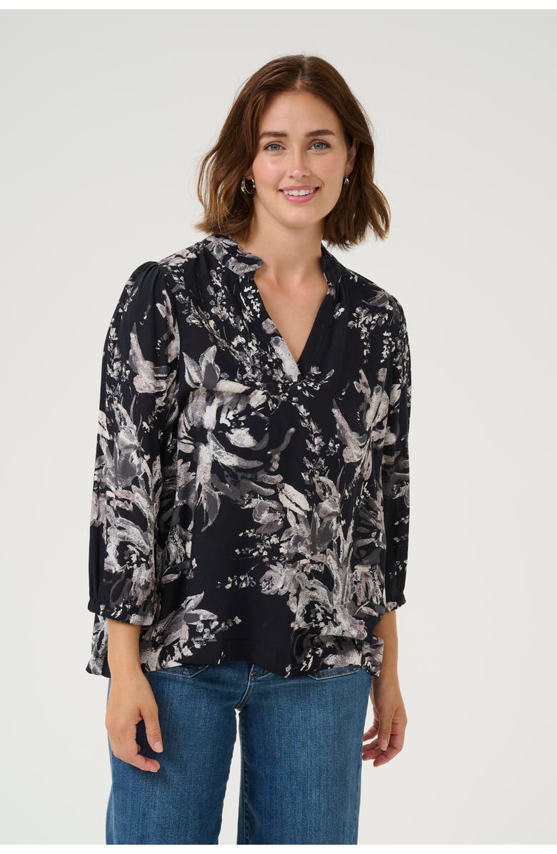 Kaffe KAisa 3/4 Sleeves A-line Fit Blouse, Main, color, Black/White Flower