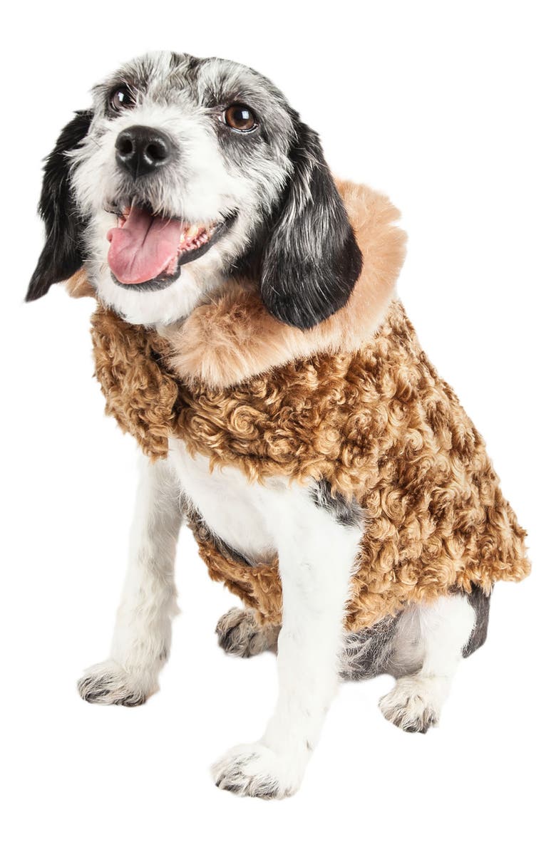 PET LIFE LUXE 'Gilded Rawflled' Gold Fleck Designer Faux Fur Dog Coat, Alternate, color, Coffee Brown And White