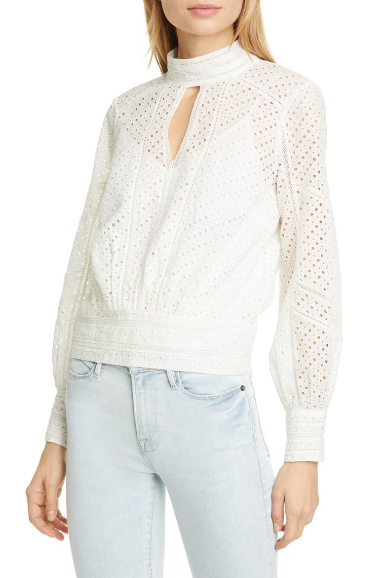 Eyelet Blouson Long Sleeve Top, Main, color, OFF WHITE