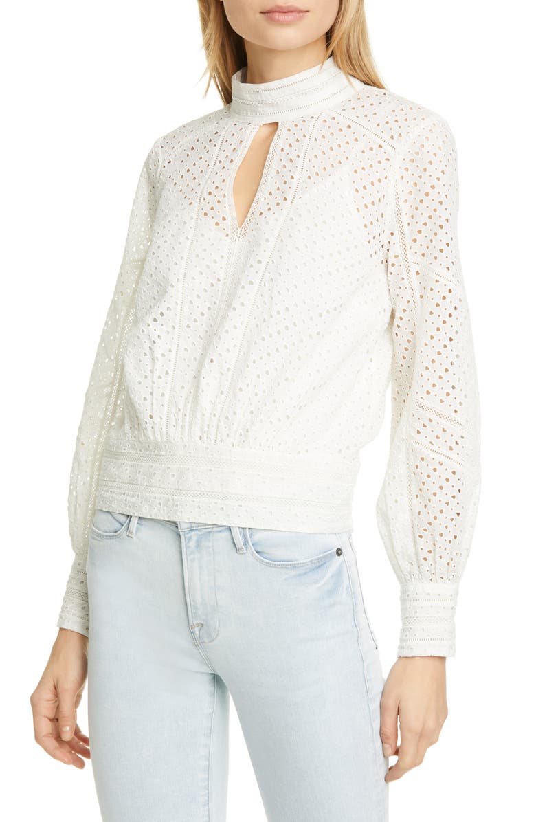 FRAME Eyelet Blouson Long Sleeve Top, Main, color, 