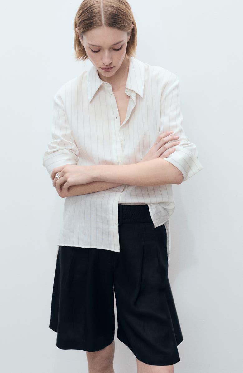 MANGO Samari Belted Linen Bermuda Shorts, Alternate, color, Black