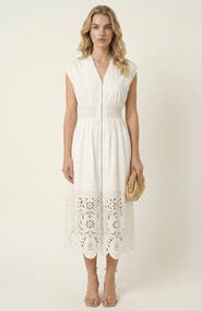 Modenaire Cap Sleeve Smocked Front Zip Midi Dress
