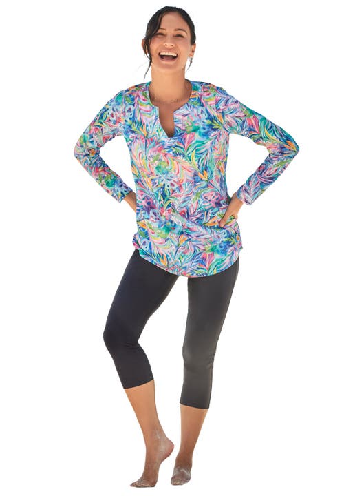 Swim 365 Split-neck Long Sleeve Swim Tee With Built-in Bra In Blue