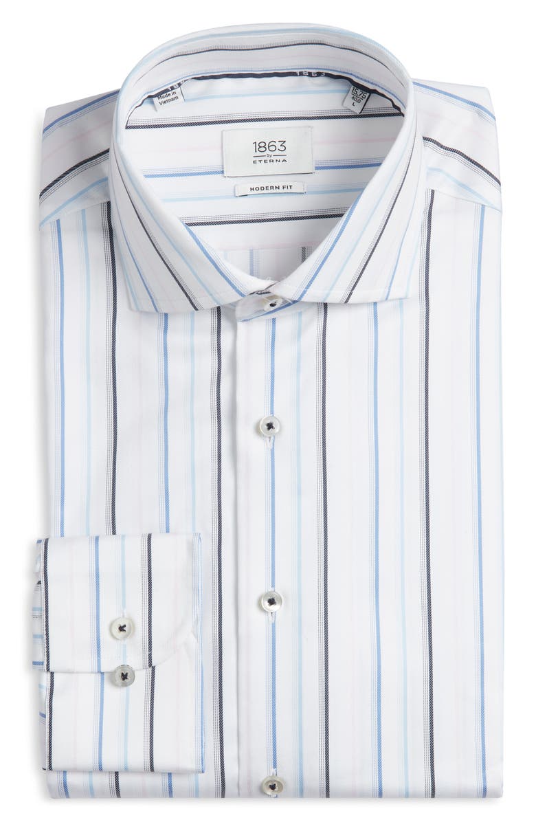 1863 by Eterna Modern Fit Stripe Non-Iron Cotton Twill Dress Shirt, Main, color, Blue
