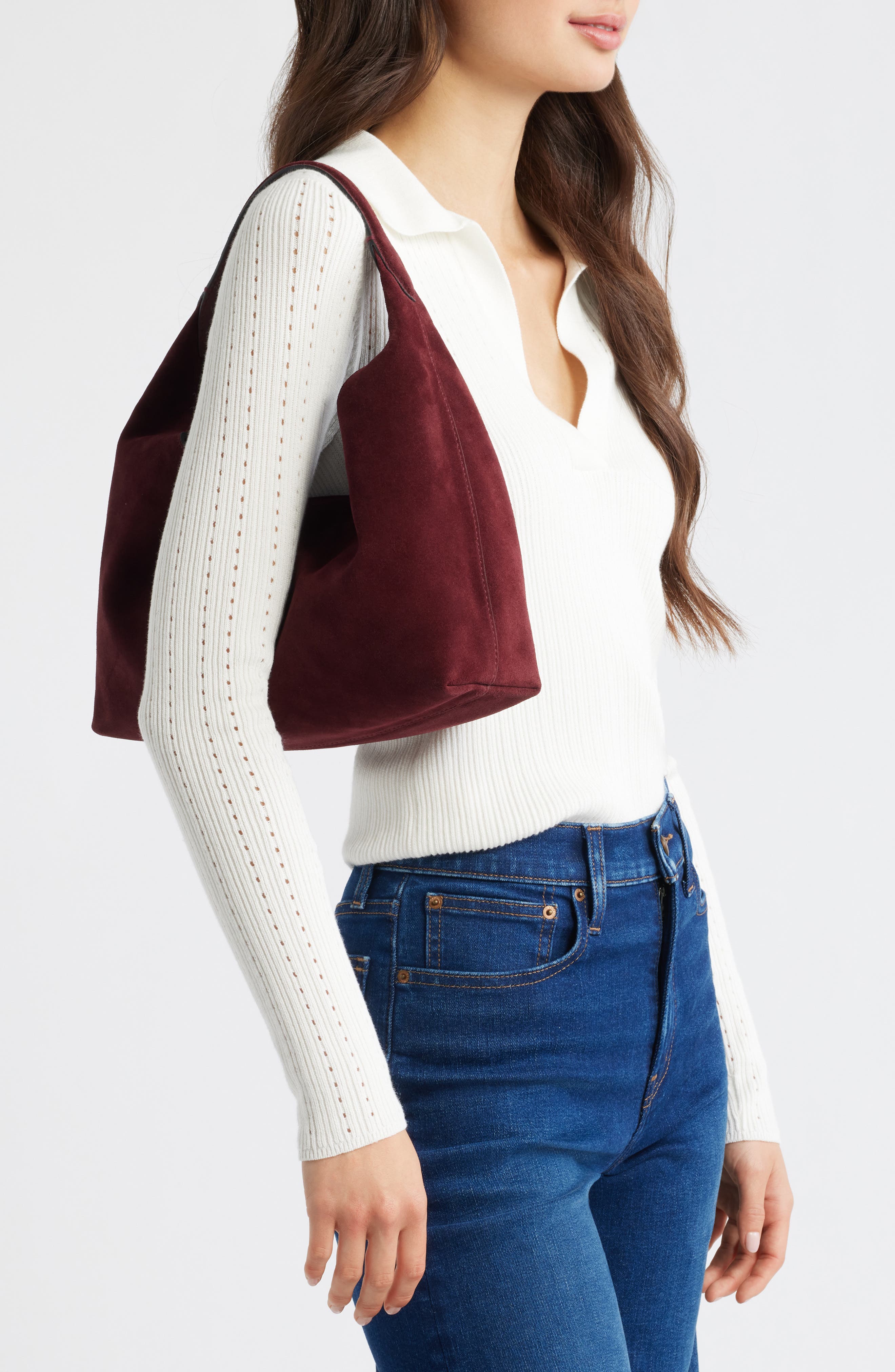 The Mylie Suede Shoulder Bag, Alternate, color, SANGRIA