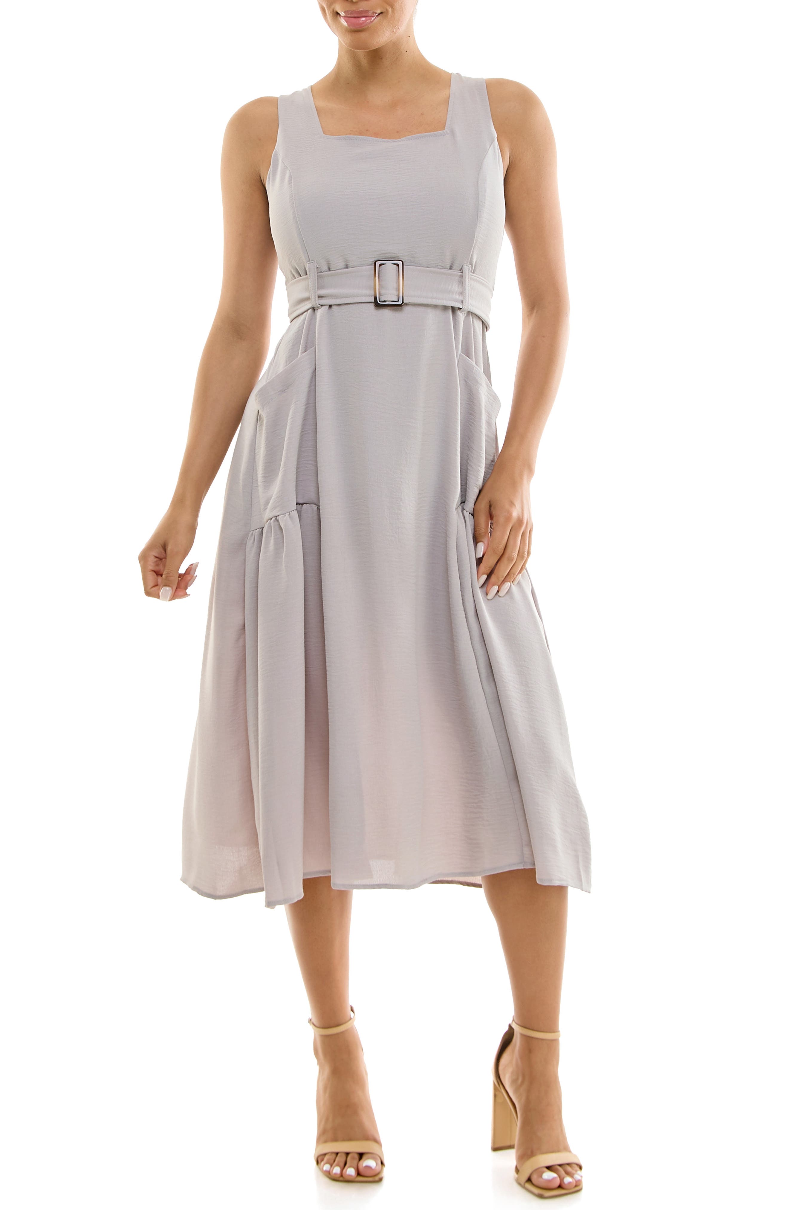 Nina Leonard Square Neck Sleeveless Belted Midi Dress
