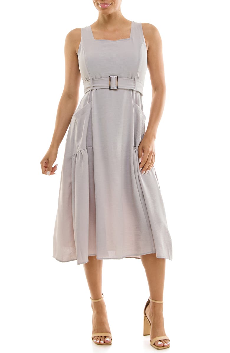 Nina Leonard Square Neck Sleeveless Belted Midi Dress, Main, color, Light Grey