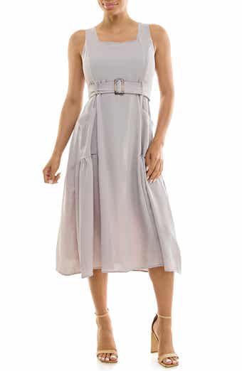 Nina Leonard Square Neck Sleeveless Belted Midi Dress