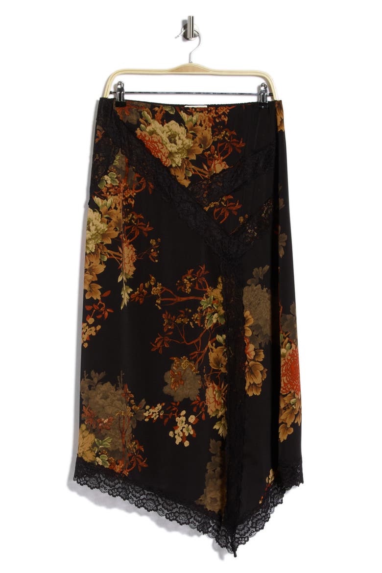 Lace Trim Asymmetrical Midi Skirt, Alternate, color, BLACK FLORAL