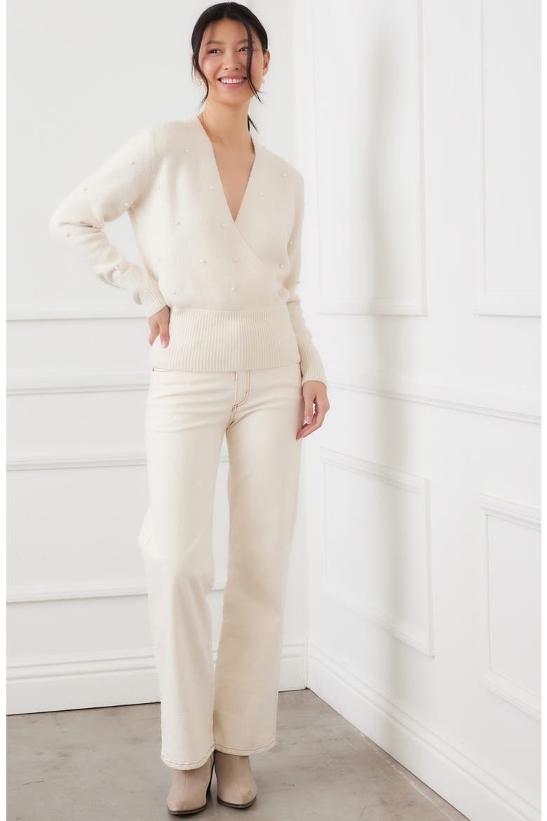 Faux Pearl Embellished Wrap Sweater, Alternate, color, CREAM