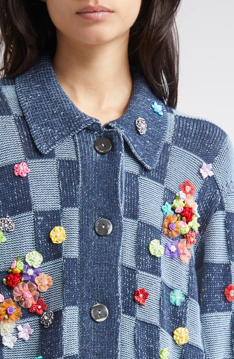 YanYan Floral Ribbon Checkerboard Knit Work Jacket, Alternate, color, Denim