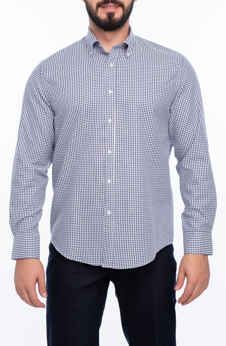 VELLAPAIS Check Cotton Slim Fit Button Down Shirt, Main, color, Dark Blue