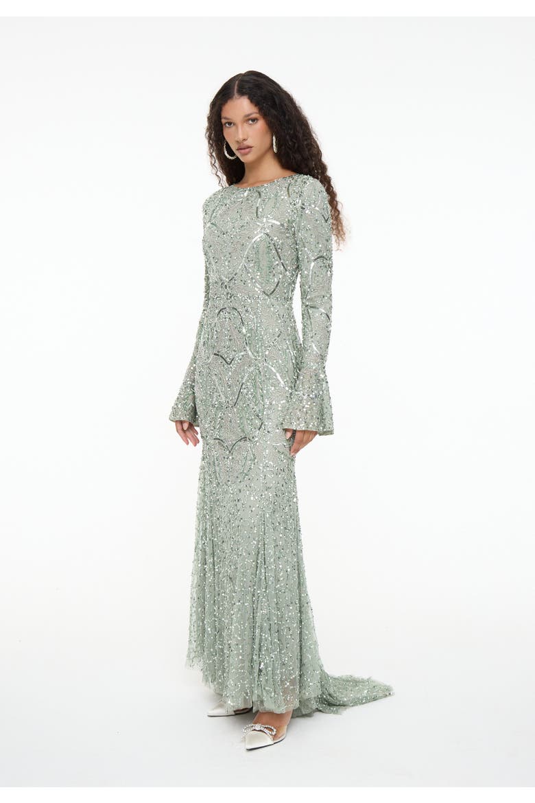 Modest Embellished Sequin Beaded Dress Maxi With Ribbon on Sleeves, Alternate, color, SAGE GREEN