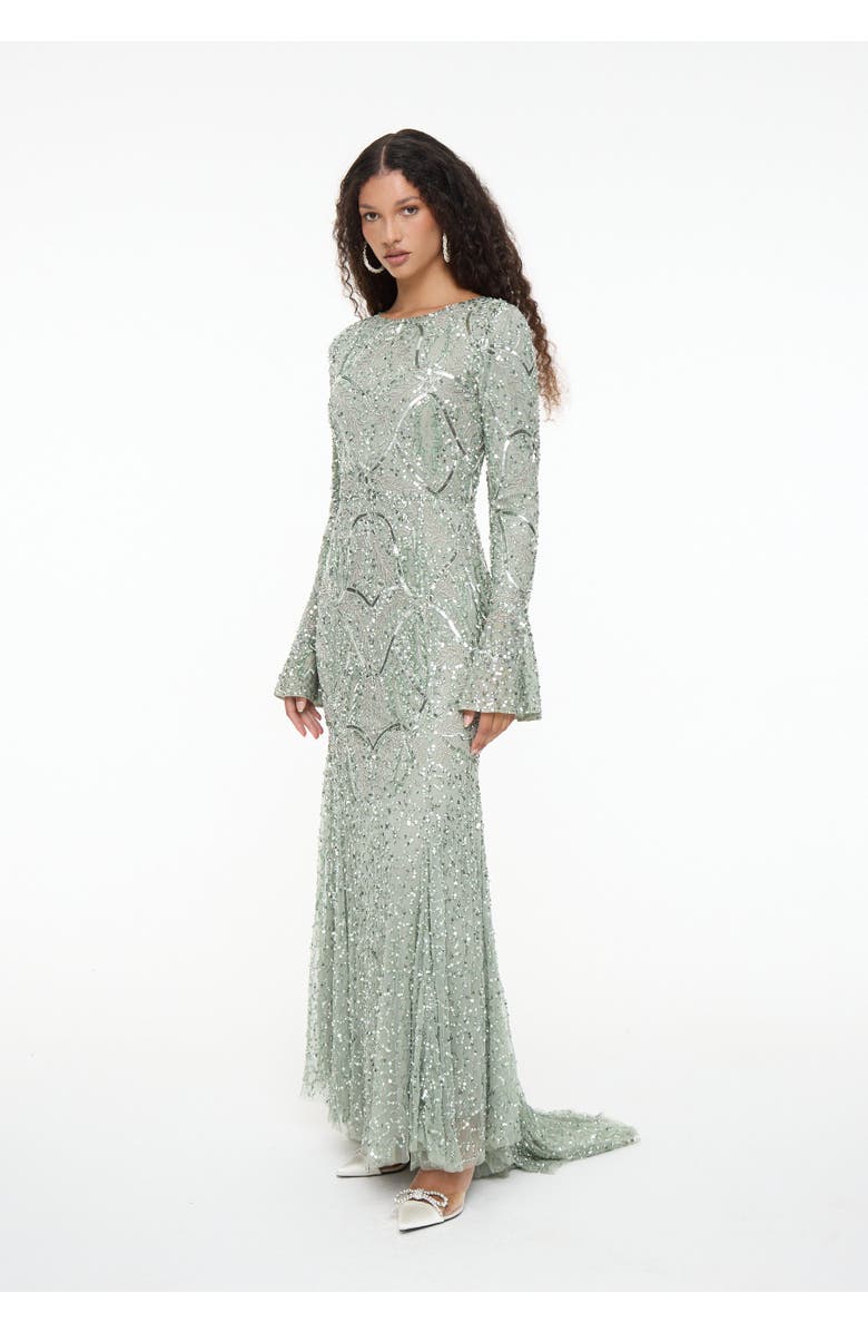 MARYISA Modest Embellished Sequin Beaded Dress Maxi With Ribbon on Sleeves, Alternate, color, Sage Green