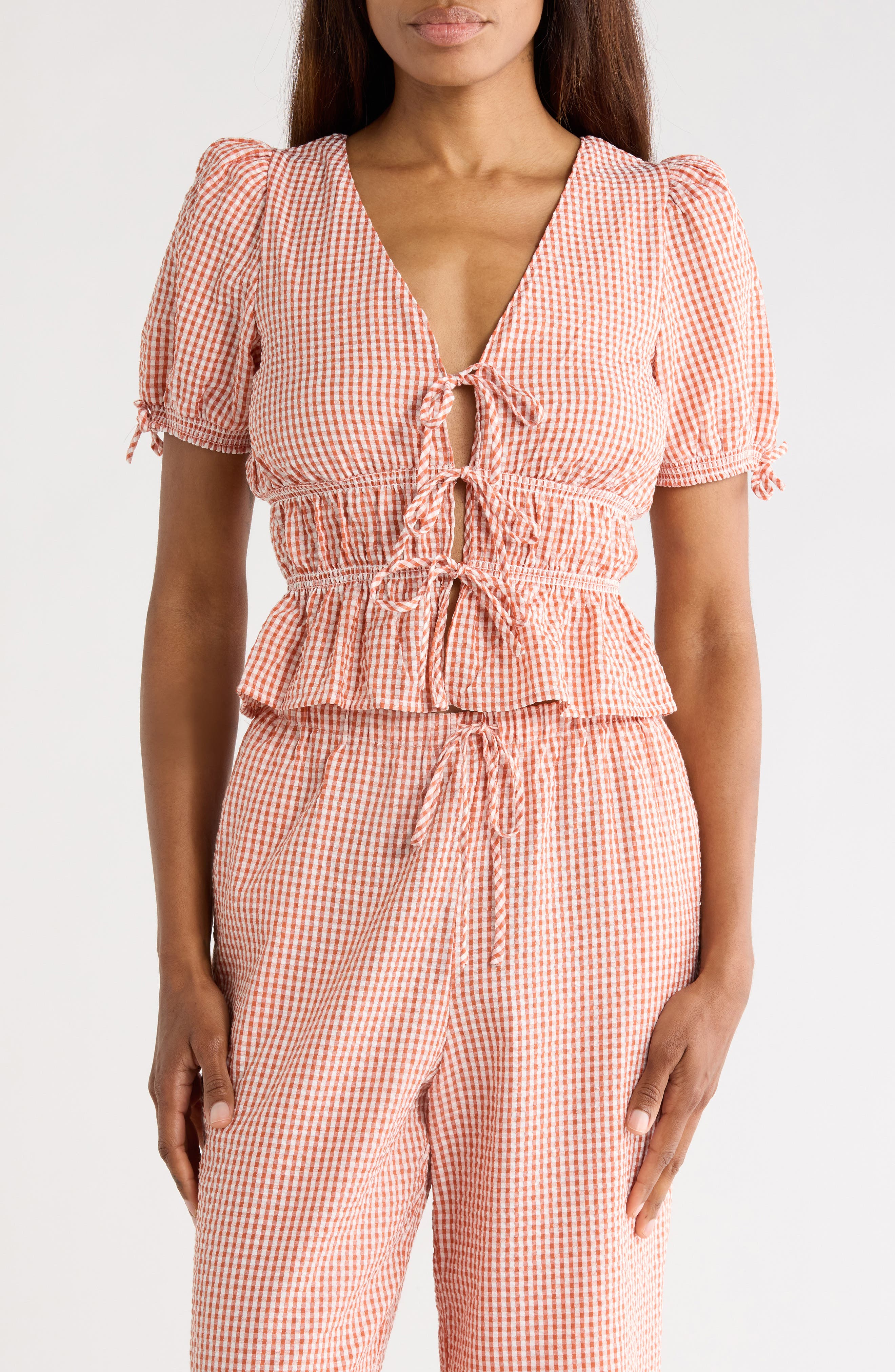 Gingham Short Sleeve Tie Front Top