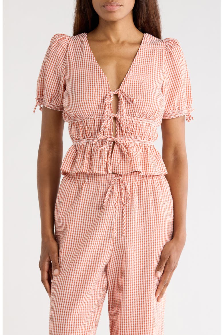 Gingham Short Sleeve Tie Front Top, Main, color, CLAY SEERSUCKER
