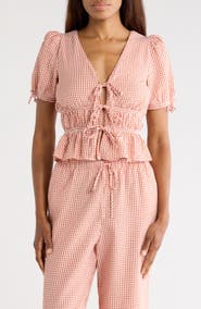 WAYF Gingham Short Sleeve Tie Front Top
