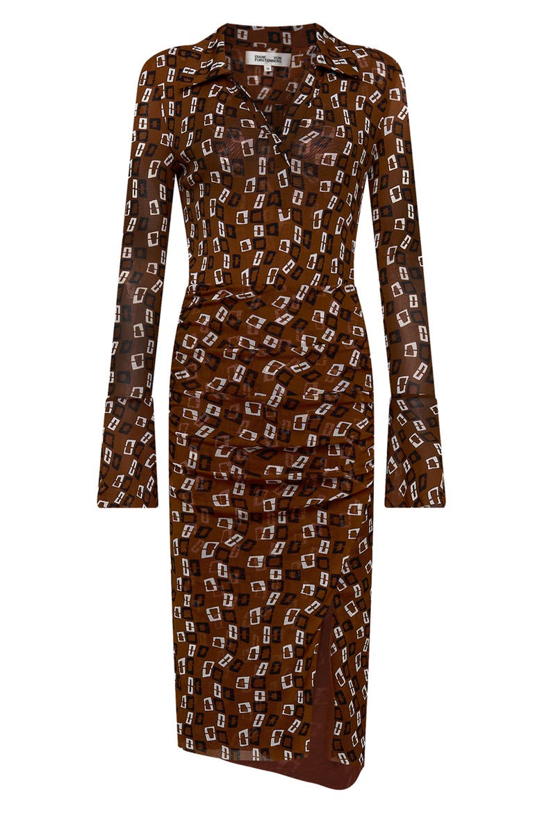 Lilly Geo Print Long Sleeve Mesh Dress, Alternate, color, CHAIN SPOTS BROWN SM